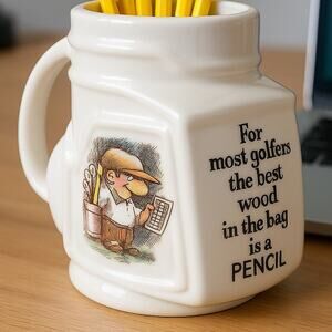 Vintage 90s Golf Bag Ceramic Mug Cartoon Golfer Pencil Joke 5.25” Deep